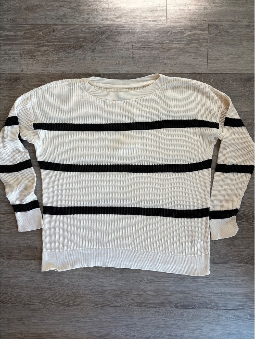 L.L.Bean Waffle Knit Striped Crewneck Sweater — Ivory/Black, Size L